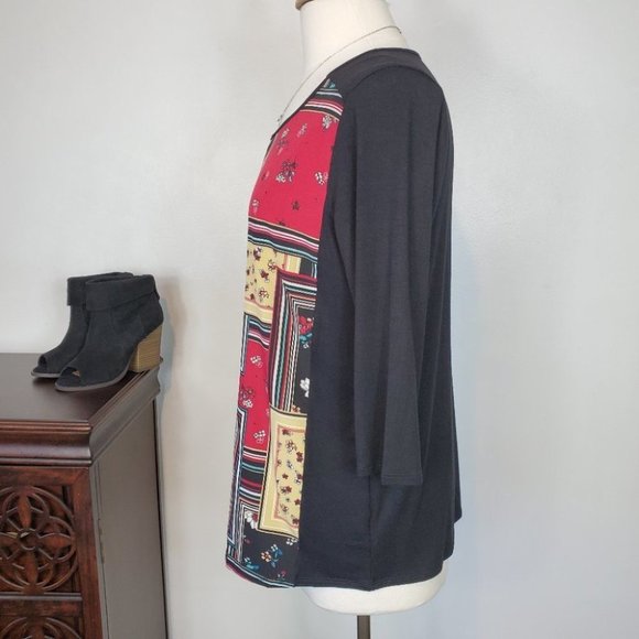 Ava James Mixed Media Black Patchwork Look 3/4 Sleeve Top NEW NWT Size M - Picture 2 of 6